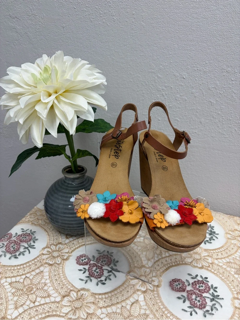 Bio-Step Boho Floral Brown Wedge Sandals